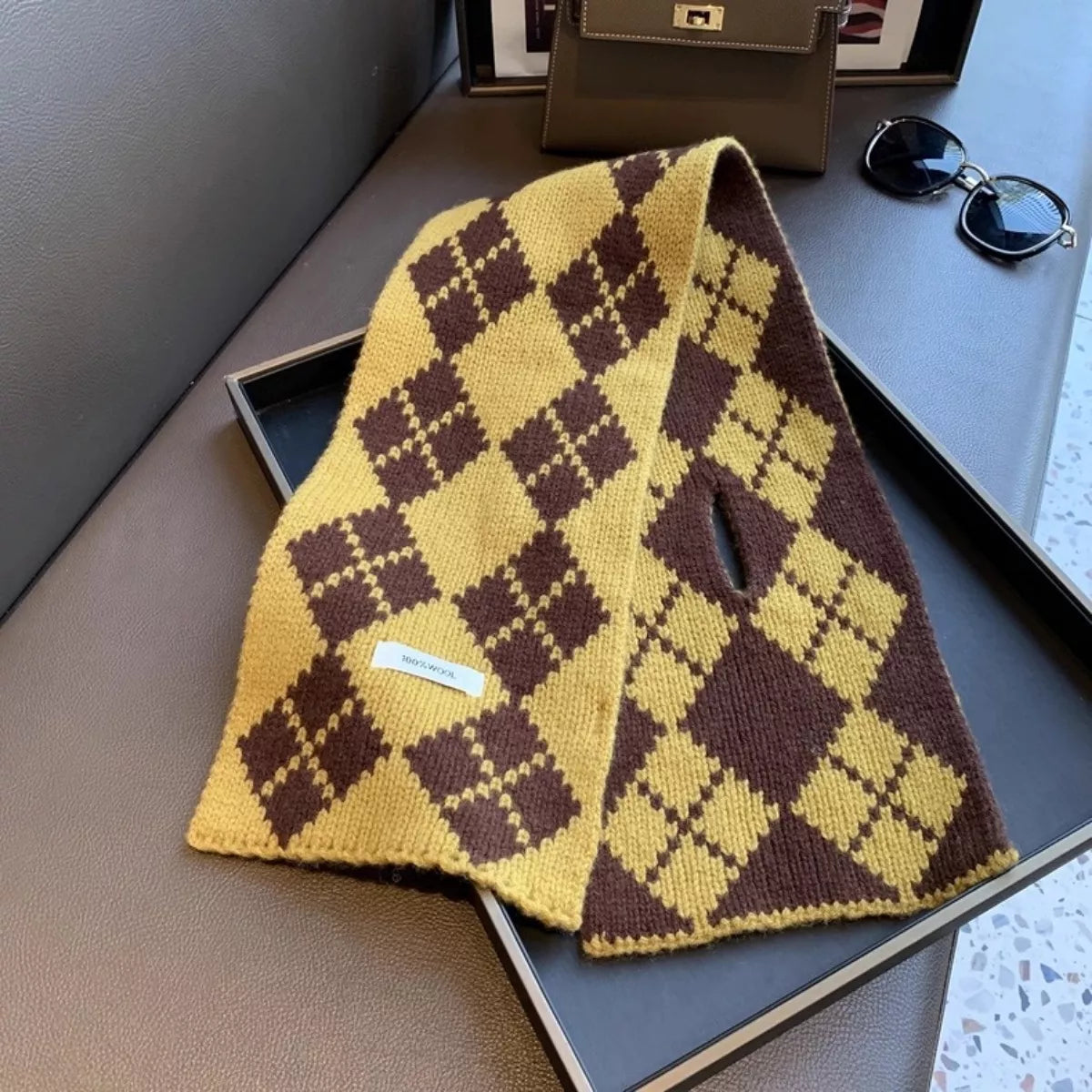 Unisex Yellow Argyle Wool Scarf — argyle scarf laid to show large diamond pattern