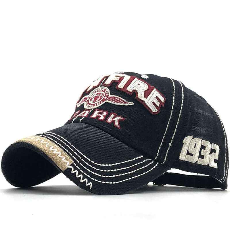 Blue washed letter embroidered cap front view
