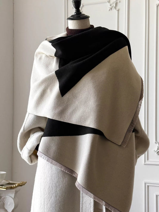 Unisex Color Block Raw Hem Scarf in Taupe - styled detail 2