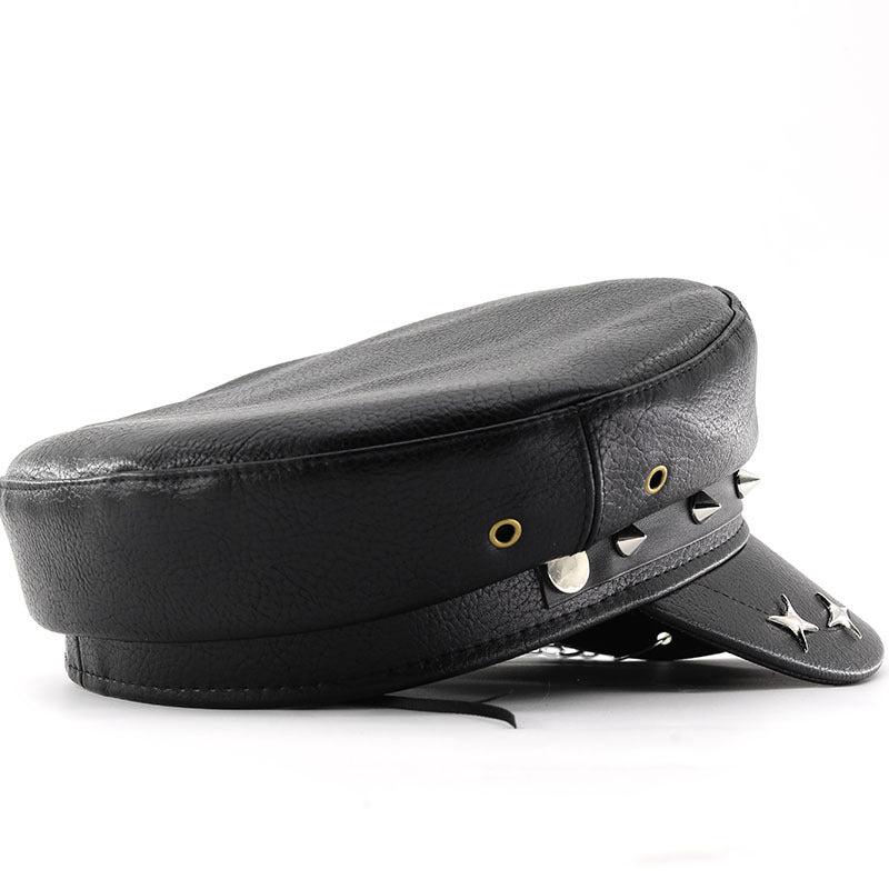 Unisex Black PU Leather Skull Punk Peaked Cap - Leopard Pattern back view