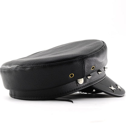 Unisex Black PU Leather Skull Punk Peaked Cap - Leopard Pattern back view