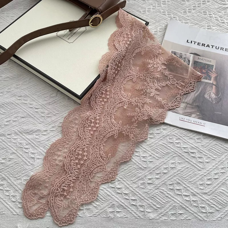Women's Cotton Lace Neck Scarf — pink floral lace scarf laid flat