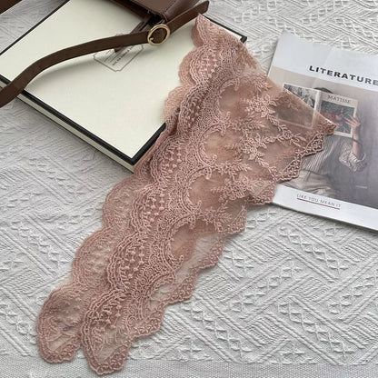 Women's Cotton Lace Neck Scarf — pink floral lace scarf laid flat