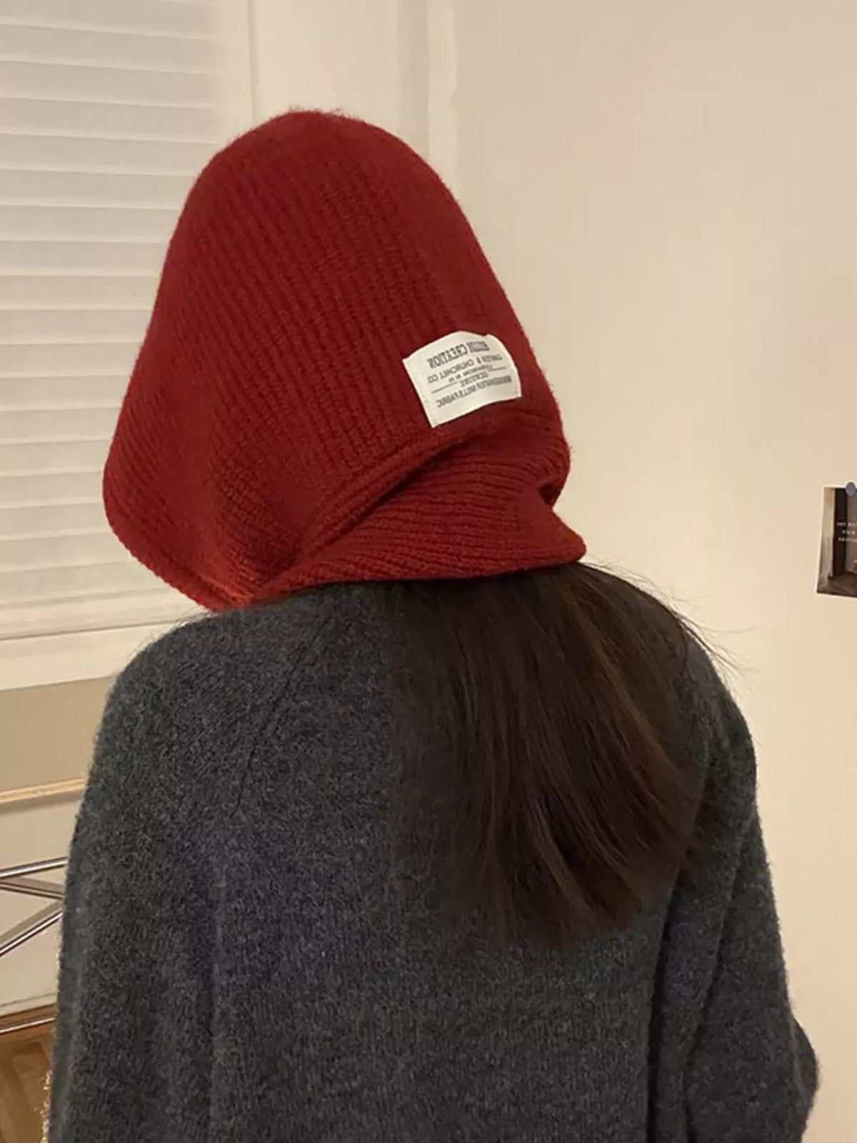 Unisex Hooded Knit Neck Scarf — rear side view of the red knitted hood