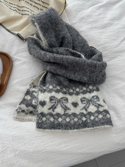 Unisex Bow Motif Wool Blend Scarf — gray scarf showing repeated pale bow motifs