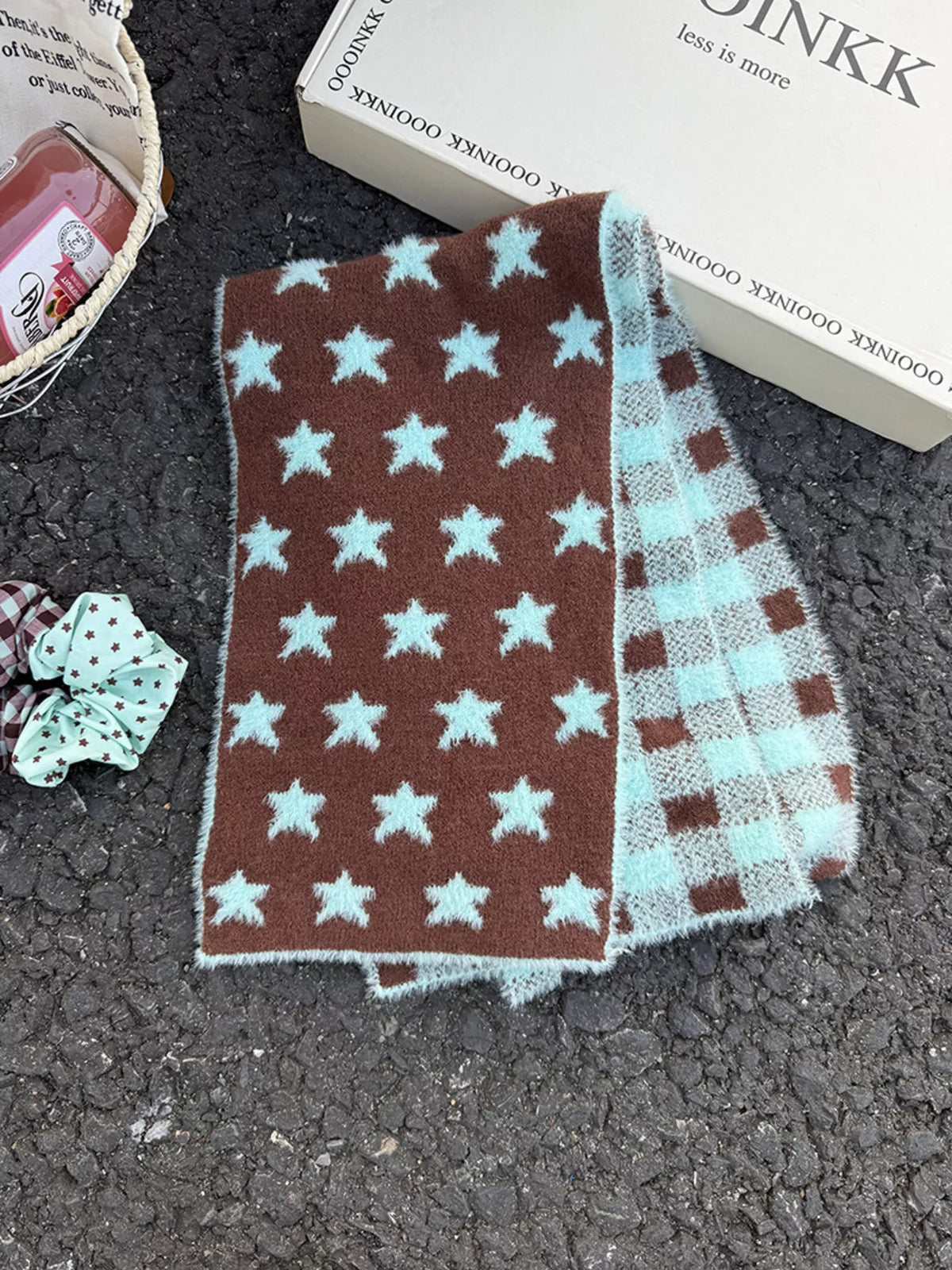 Unisex Star and Check Knit Scarf — dark scarf face with pale blue stars and a checked band