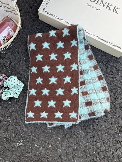 Unisex Star and Check Knit Scarf — dark scarf face with pale blue stars and a checked band
