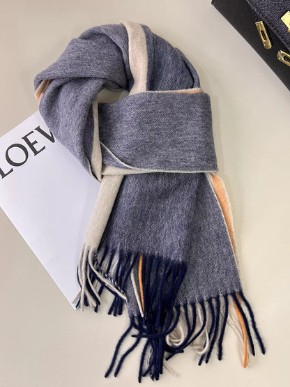Unisex Plaid Fringe Scarf — dusty blue and neutral plaid scarf in a loose knot