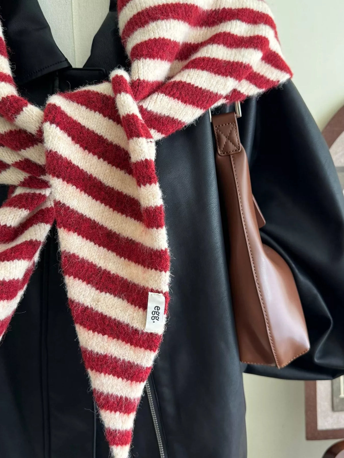 Unisex Striped Knitted Winter Scarf — 70.9-Inch — close detail of a loose knot in red and cream stripes