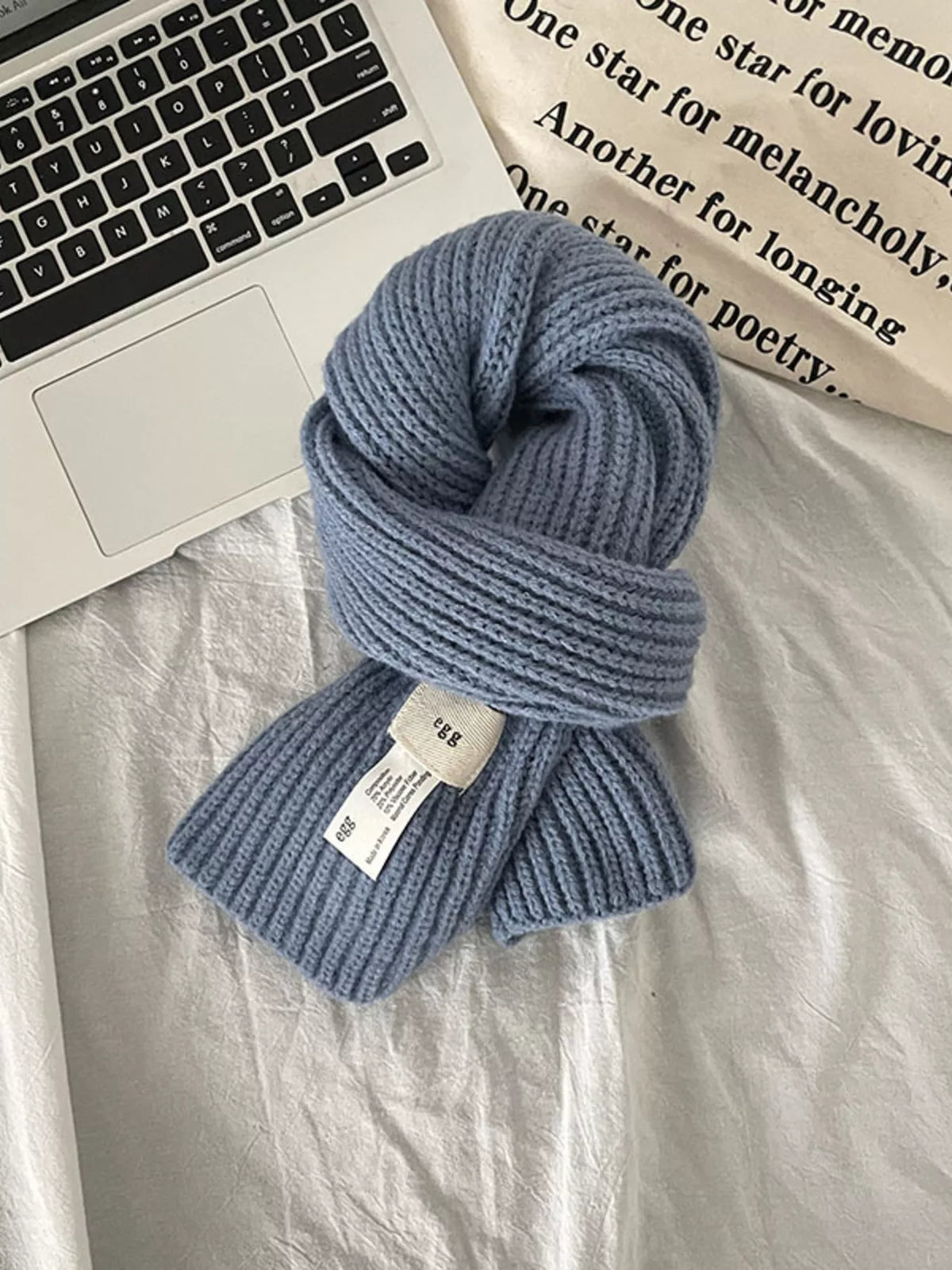 Unisex Compact Ribbed Knit Scarf — blue short knitted scarf loosely looped