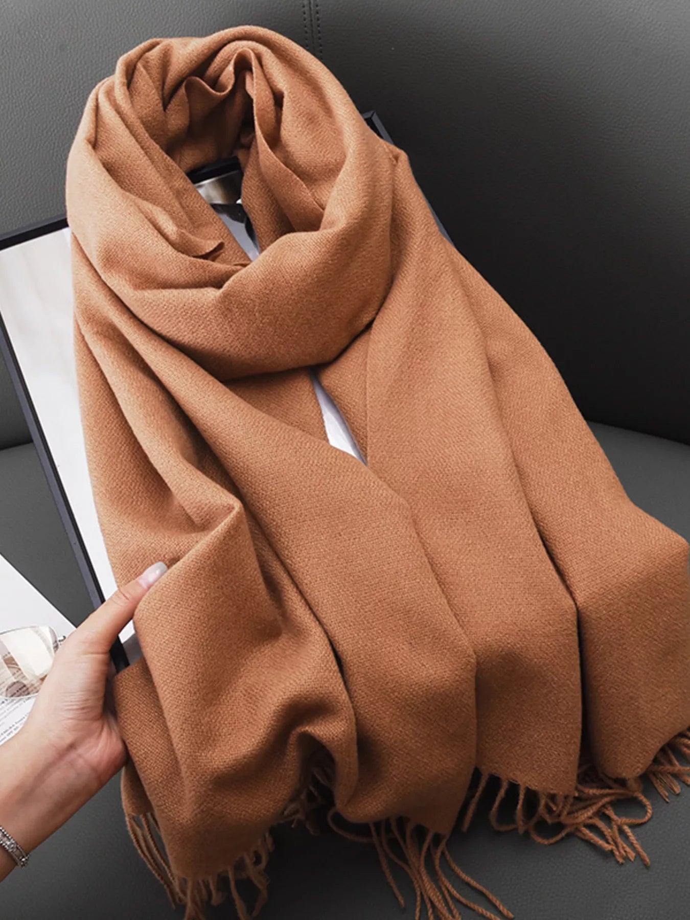 Unisex Heritage Solid Color Fringe Scarf in Dusty Pink - styled detail 8
