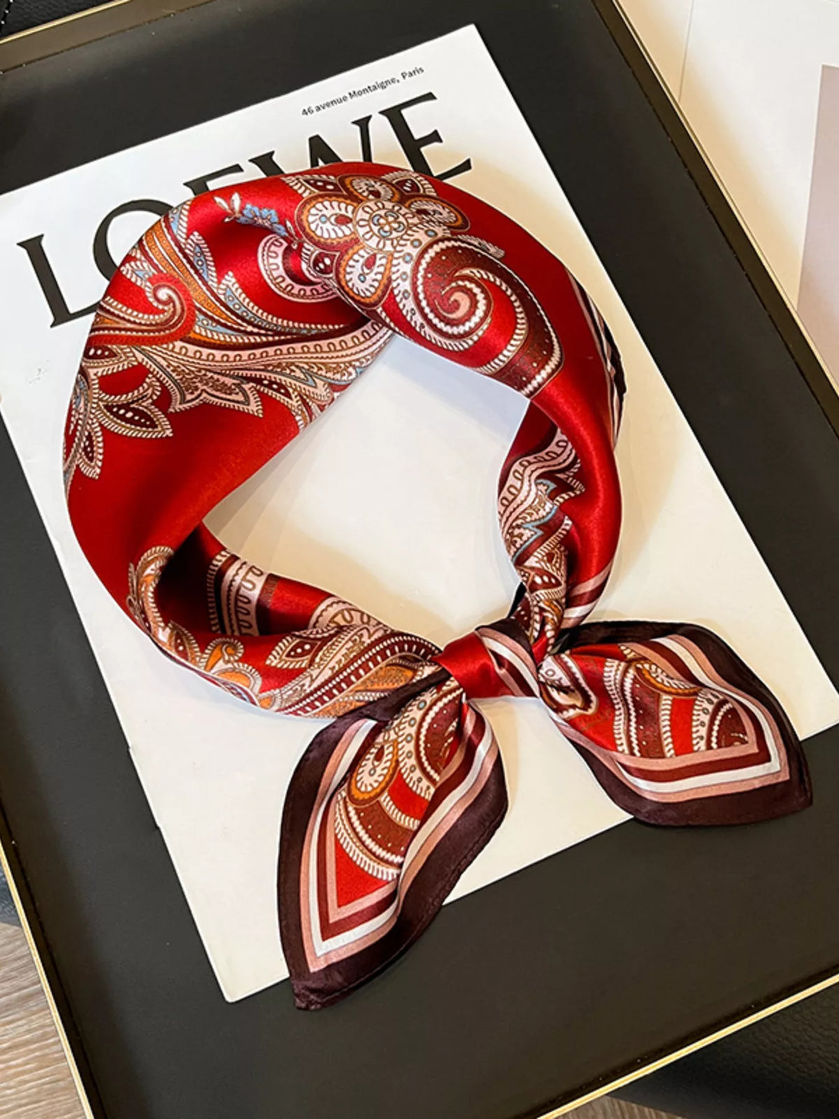 Unisex Vintage Paisley Silk Scarf — red silk scarf arranged in a loose neck loop