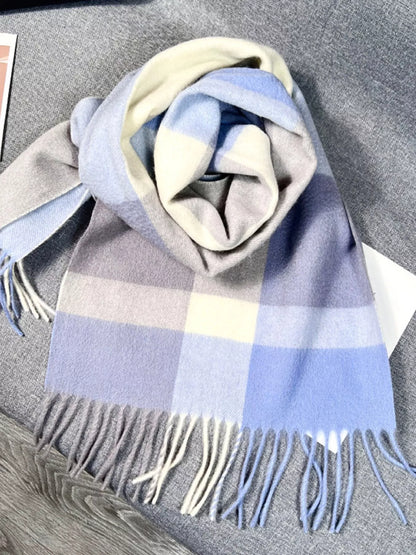 Unisex Plaid Scarf with Fringe — blue and gray checked scarf loosely looped