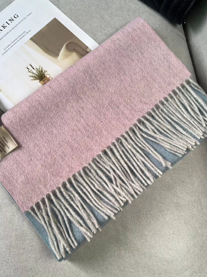 Unisex Color Block Fringe Scarf — pink and gray color block scarf laid flat