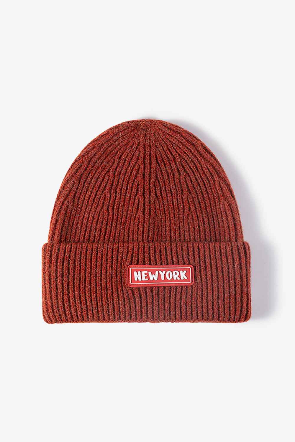 Rust NEWYORK patch rib-knit cuffed beanie