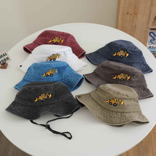 Kids Black Excavator Embroidered Washed Bucket hat front view