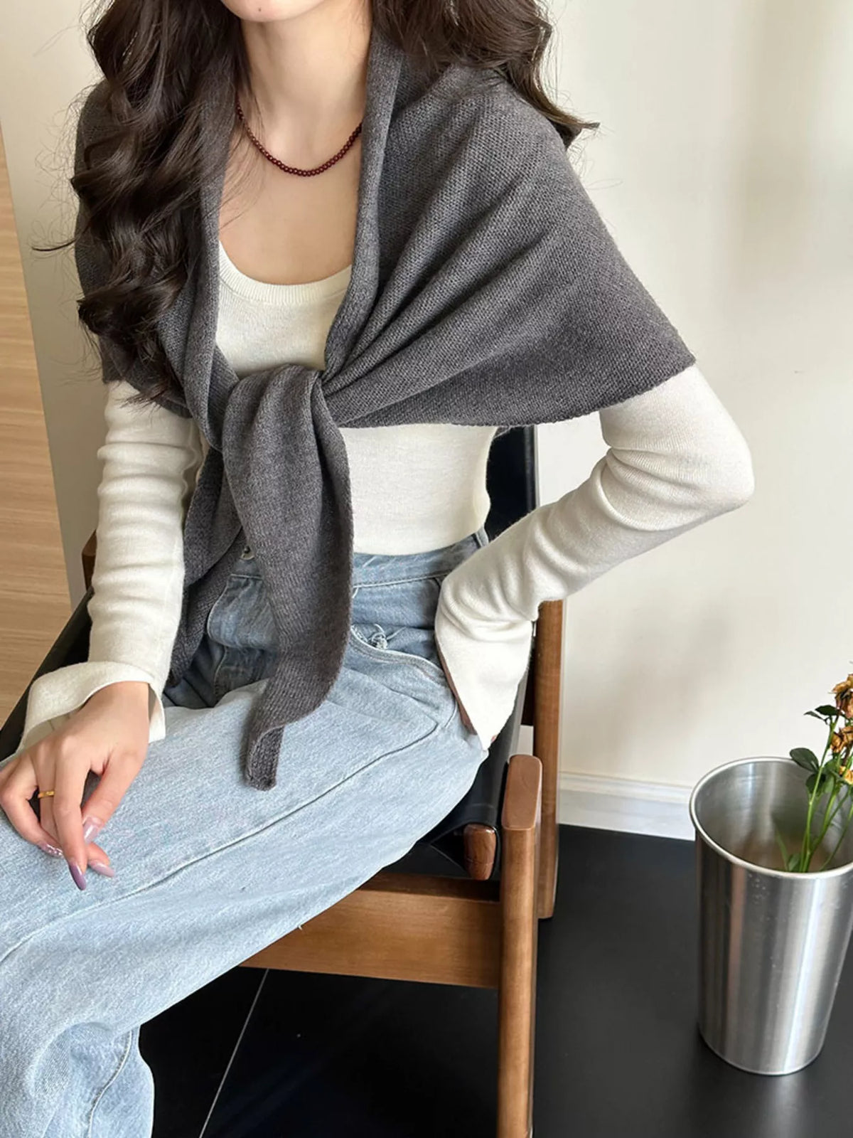 Women's Neutral Wool Shoulder Wrap — gray wool wrap tied over a pale top