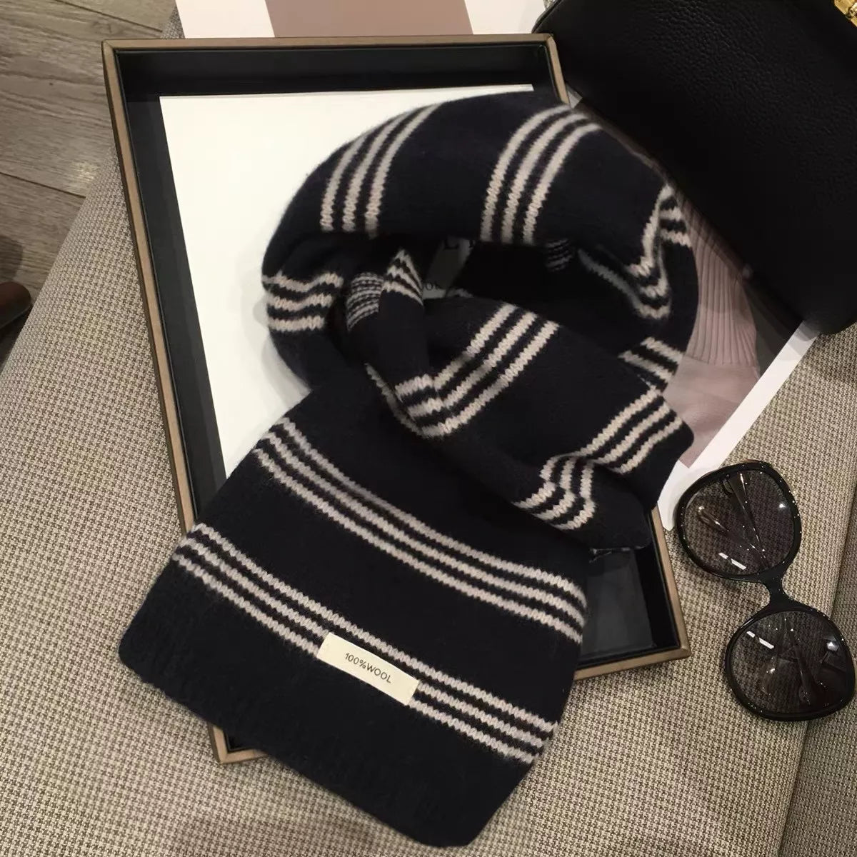 Unisex Wool Striped Contrast Knit Warm Scarf — black scarf tied to display repeated contrast bands