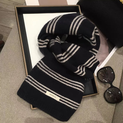 Unisex Wool Striped Contrast Knit Warm Scarf — black scarf tied to display repeated contrast bands