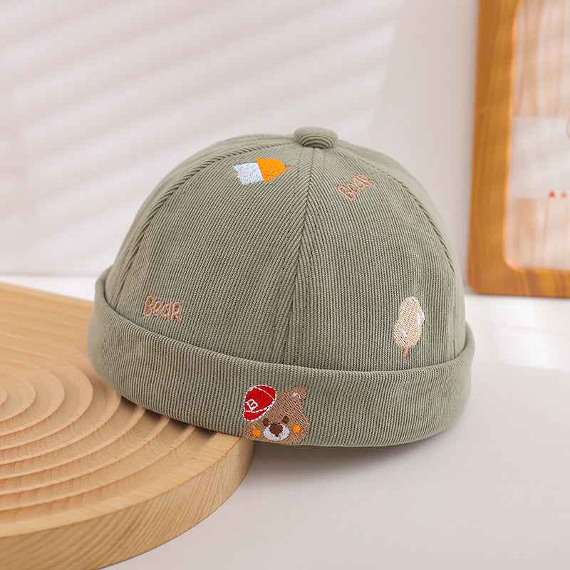 Kids Embroidered Bear Rolled Cuff Docker Caps