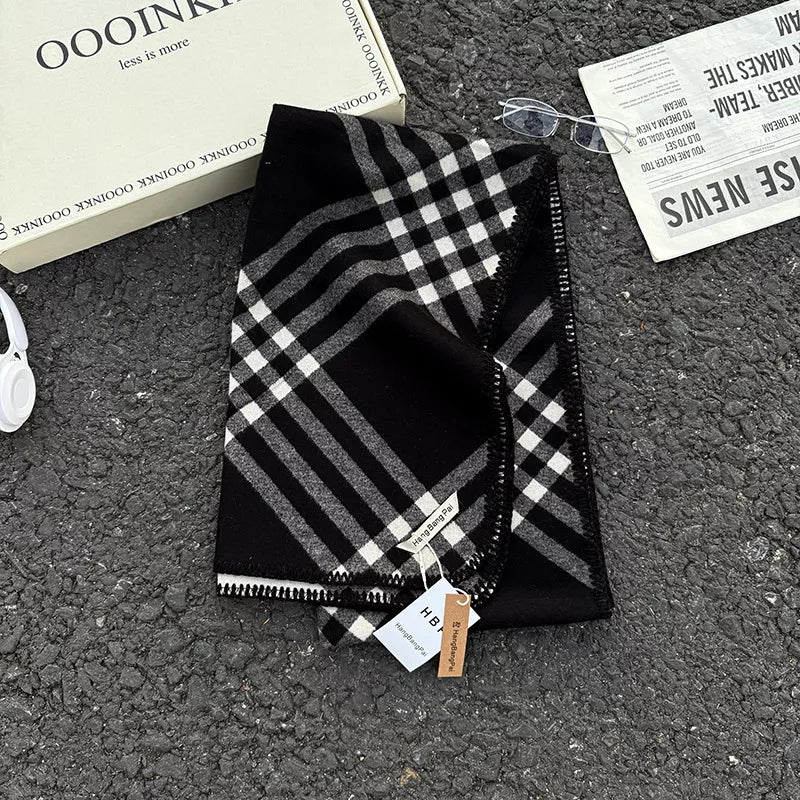 Unisex Classic Windowpane Scarf — black scarf with pale intersecting plaid lines