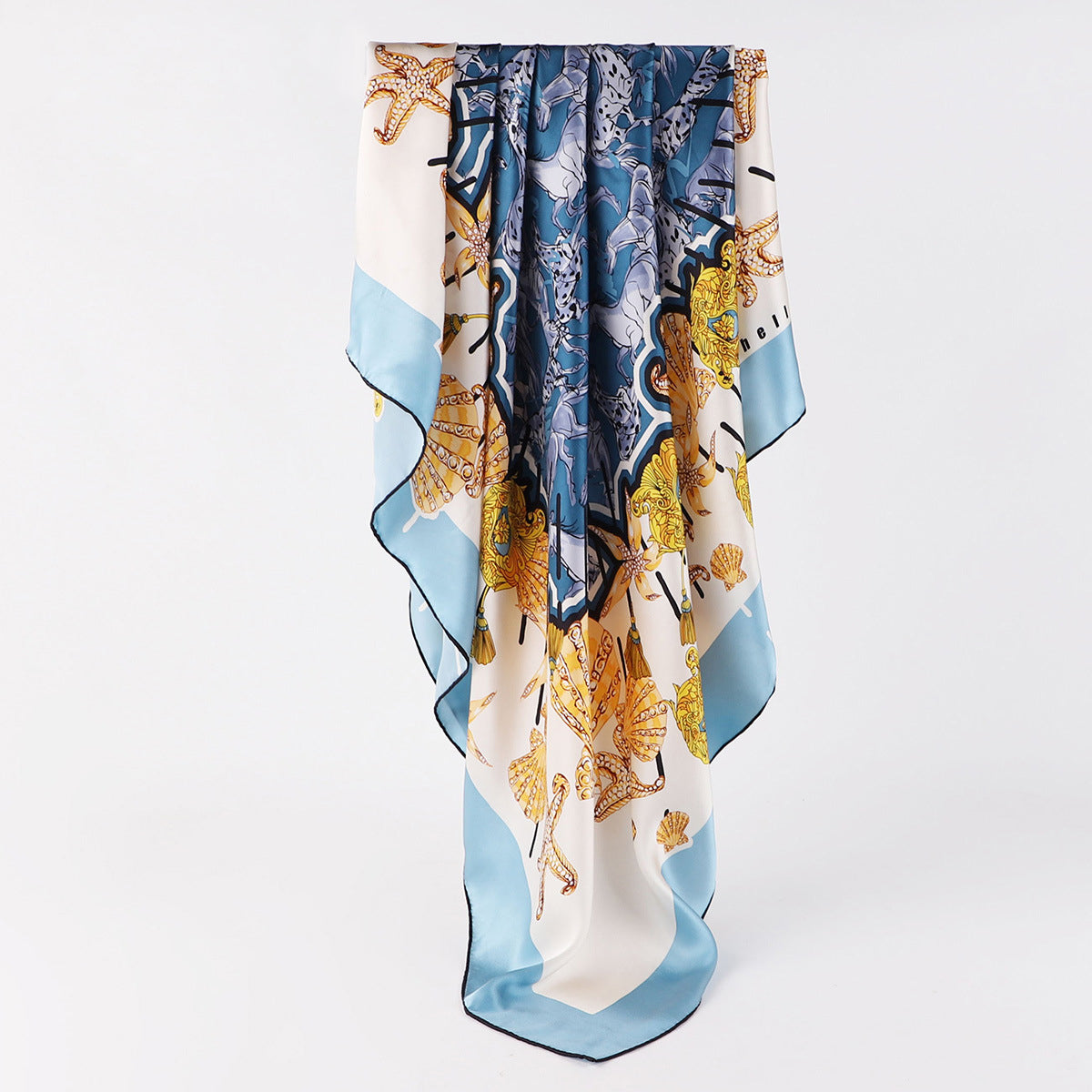 Women's blue floral silk square scarf full view