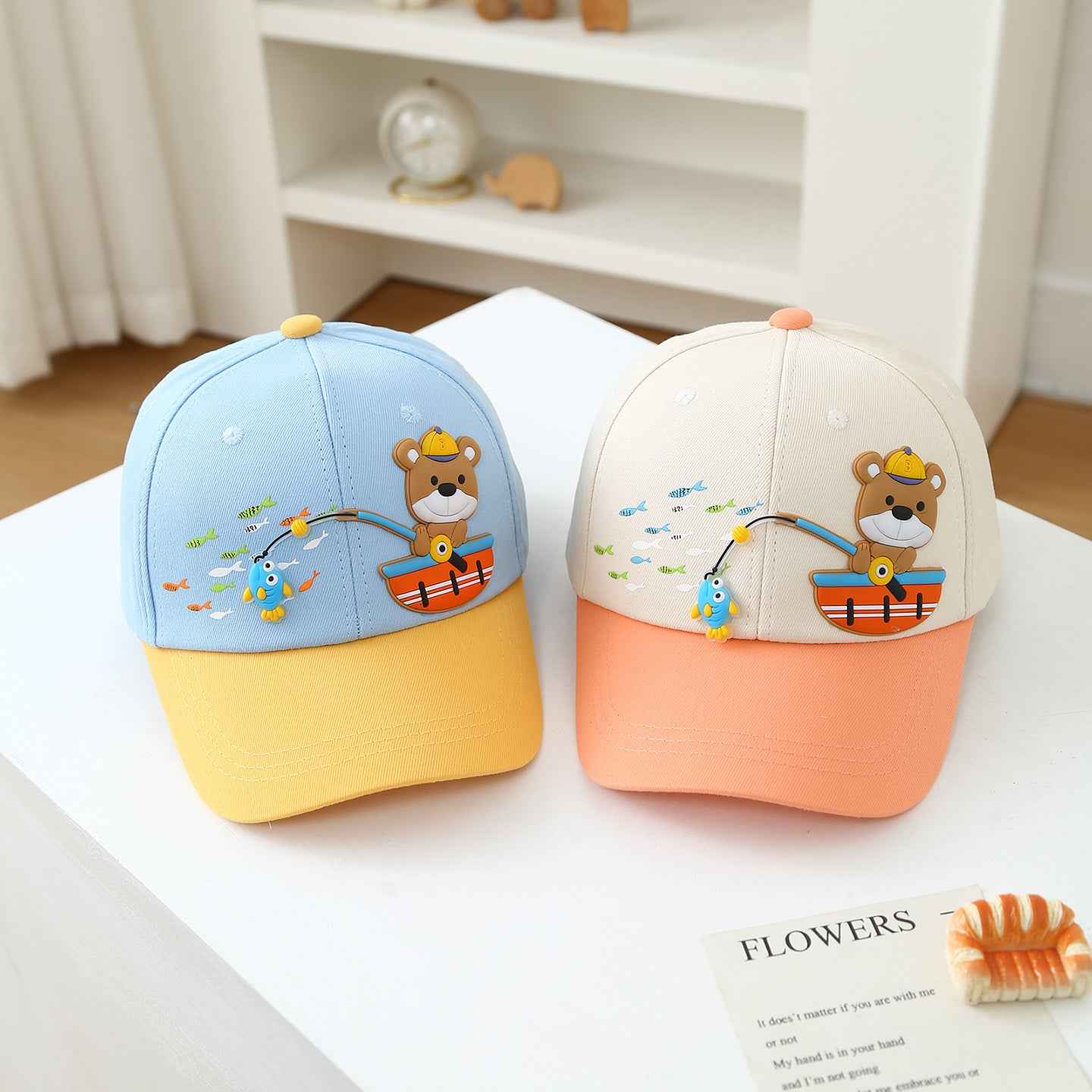 Kids teddy bear embroidered baseball cap blue yellow