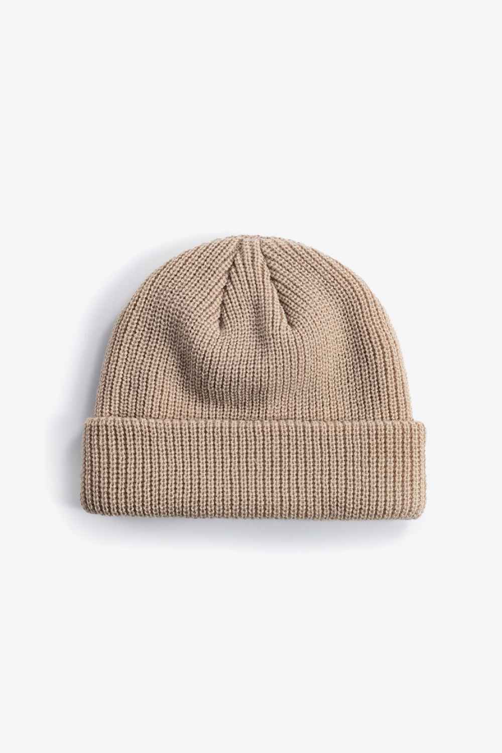 Tan rib-knit cuff beanie front view in soft acrylic