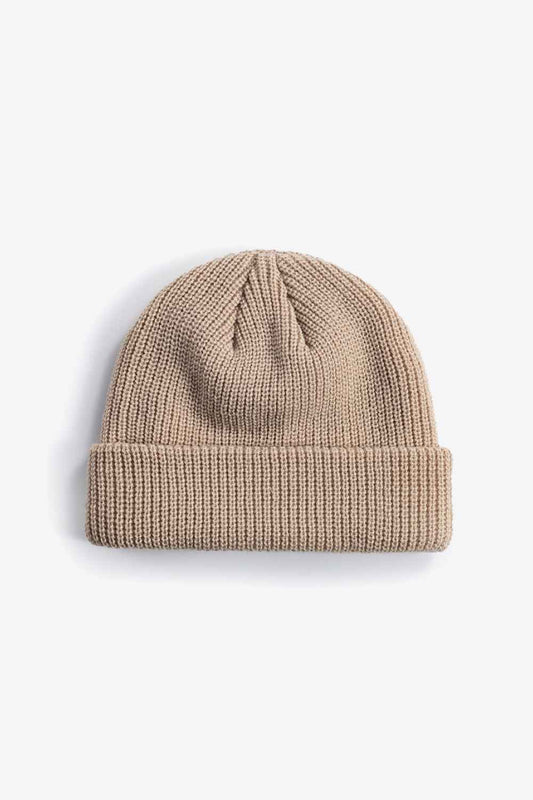 Tan rib-knit cuff beanie front view in soft acrylic