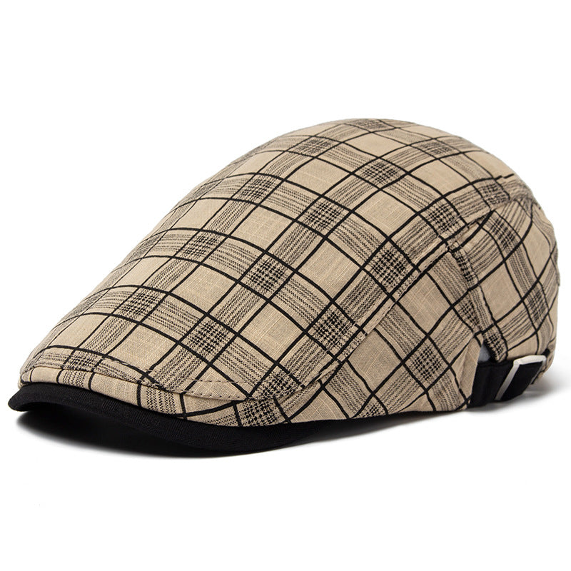 Khaki cotton-linen plaid cap front view