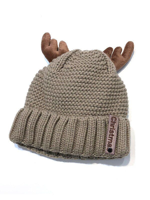 Unisex Cute Antler Knit Christmas Beanie - Red texture close-up