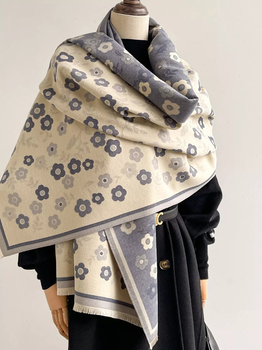 Women's Statement Floral Print Warm Winter Scarf in Blue - front view 1
