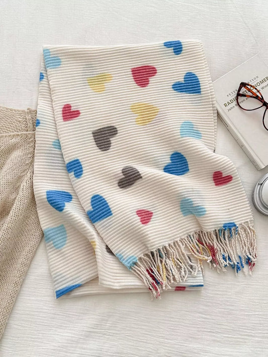 Women's Heart Patterned Tassel Scarf in Cream - styled detail 2