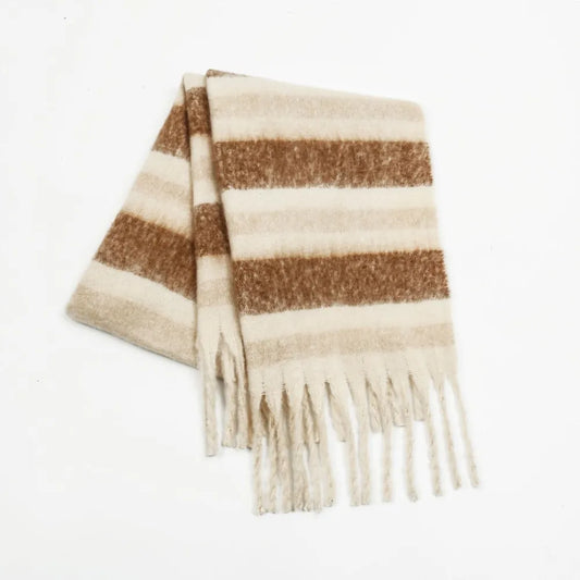 Unisex Contrast Stripe Fringe Scarf in Cream - front view 1