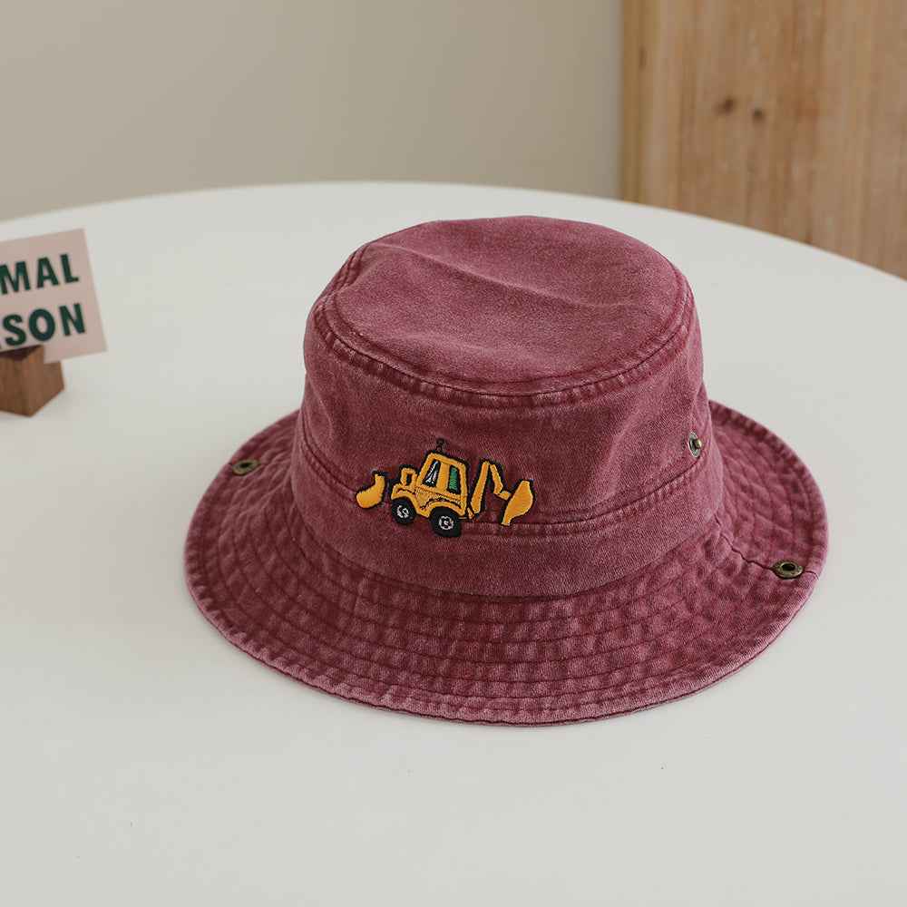 Kids Blue Excavator Embroidered Washed Bucket hat side angle