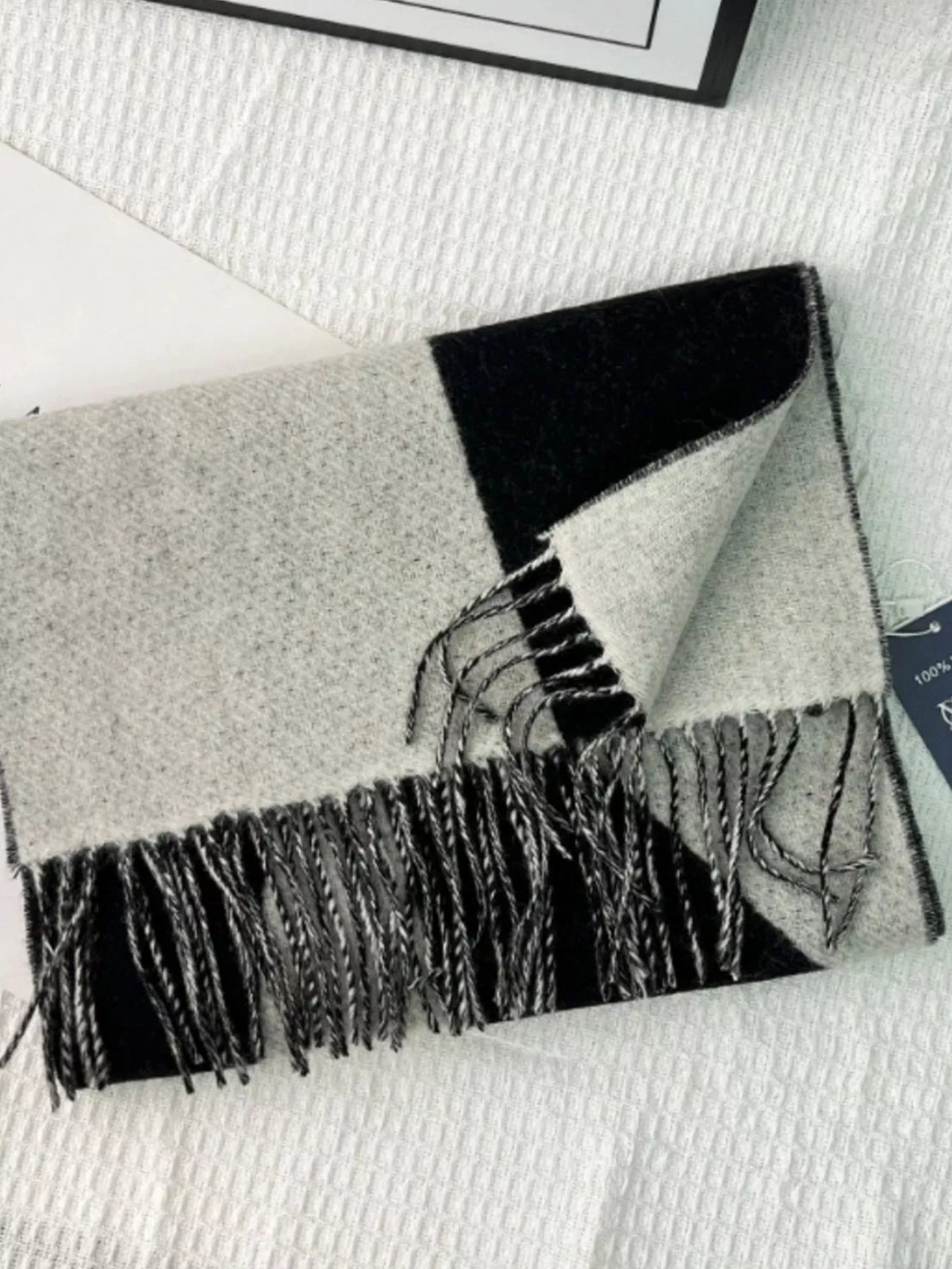 Unisex Fringe Color Block Scarf — folded black beige panel scarf and fringed end