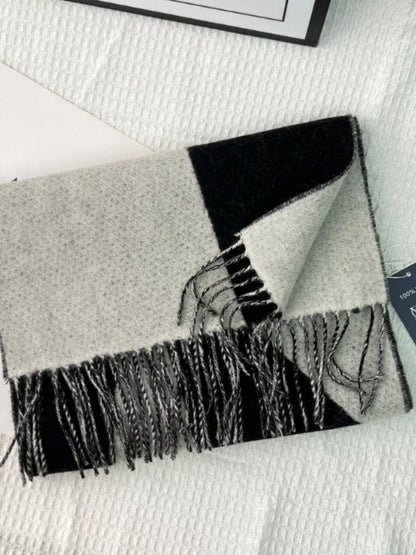Unisex Fringe Color Block Scarf — folded black beige panel scarf and fringed end