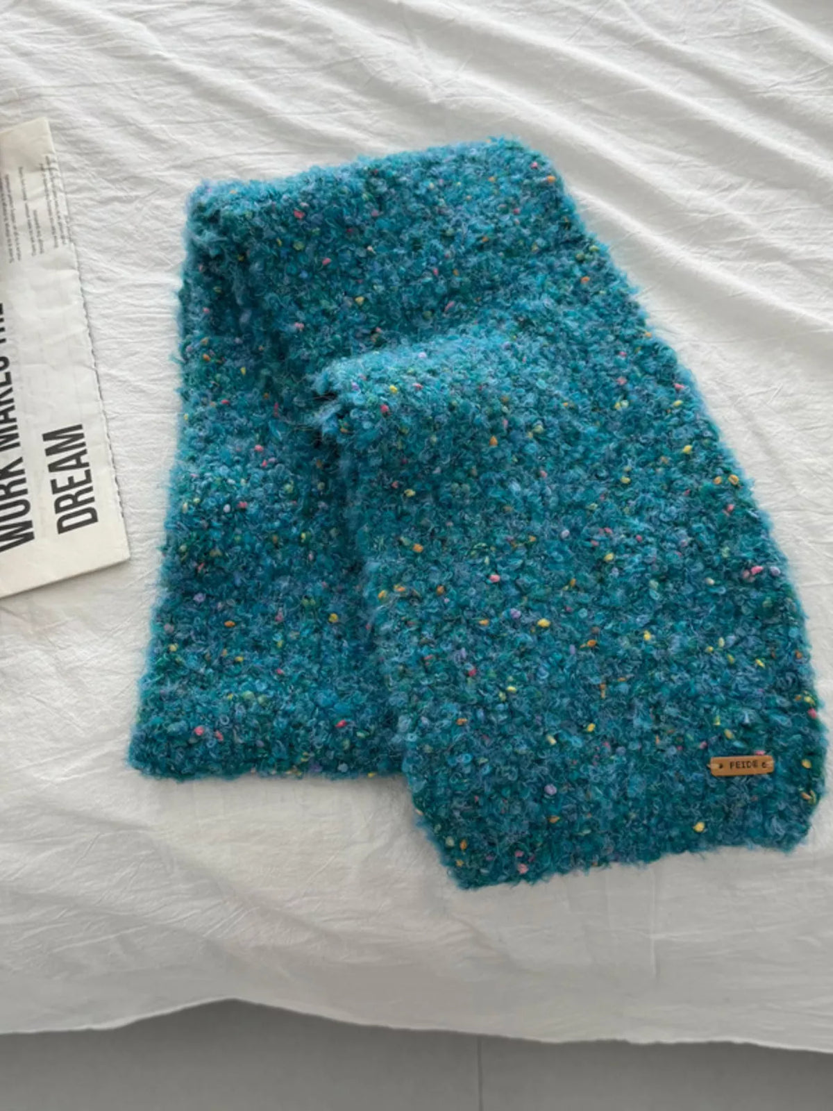 Unisex Multicolor Speckled Knit Scarf — cerulean scarf folded to show the textured surface