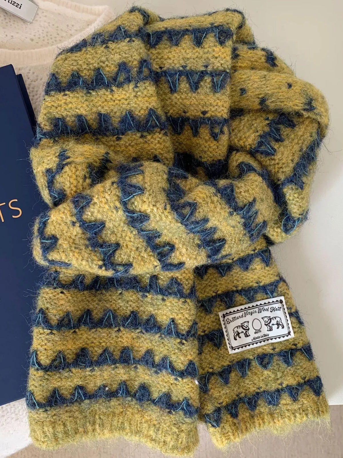Unisex Vintage Knitted Pattern Scarf — yellow and blue patterned wool scarf tied flat