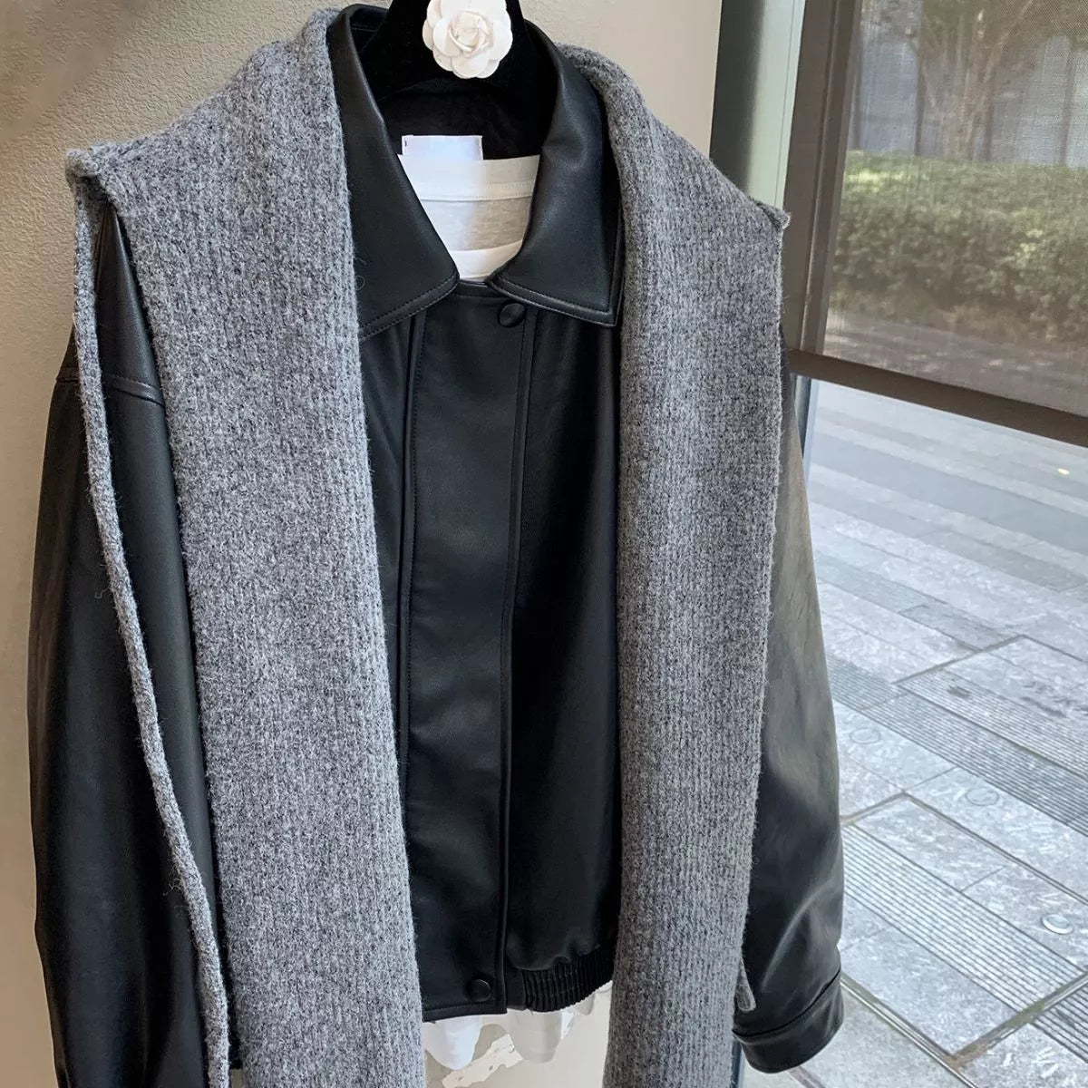 Unisex Hooded Tie Knit Scarf — gray tie scarf worn with the front sections open