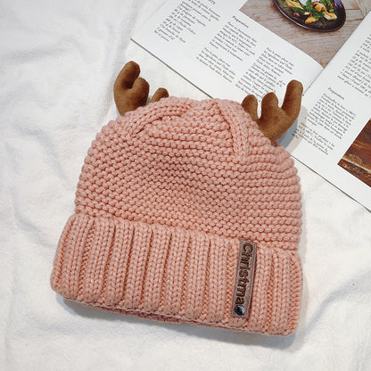 Unisex Cute Antler Knit Christmas Beanie - Pink brim profile