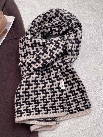 Unisex Wool Geometric Pattern Knitted Warm Scarf — black and cream motif scarf loosely looped