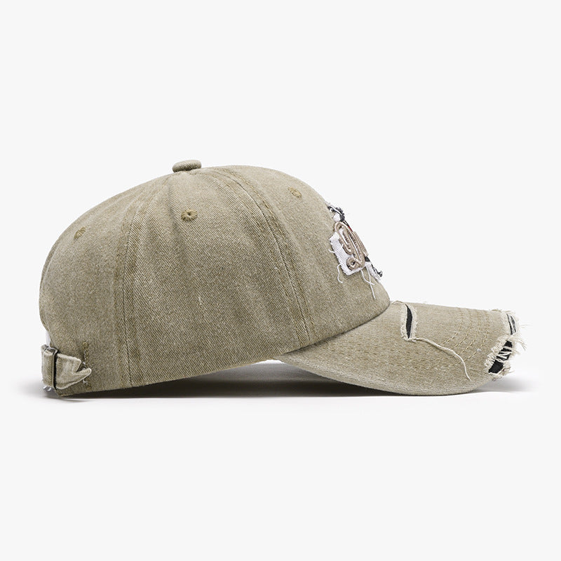 Unisex Wine Red Distressed Embroidered Washed Cotton Baseball Cap brim detail