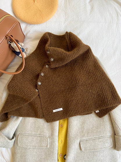 Women's High Neck Buttoned Knit Cape Shawl — brown shawl showing draped shoulder shape