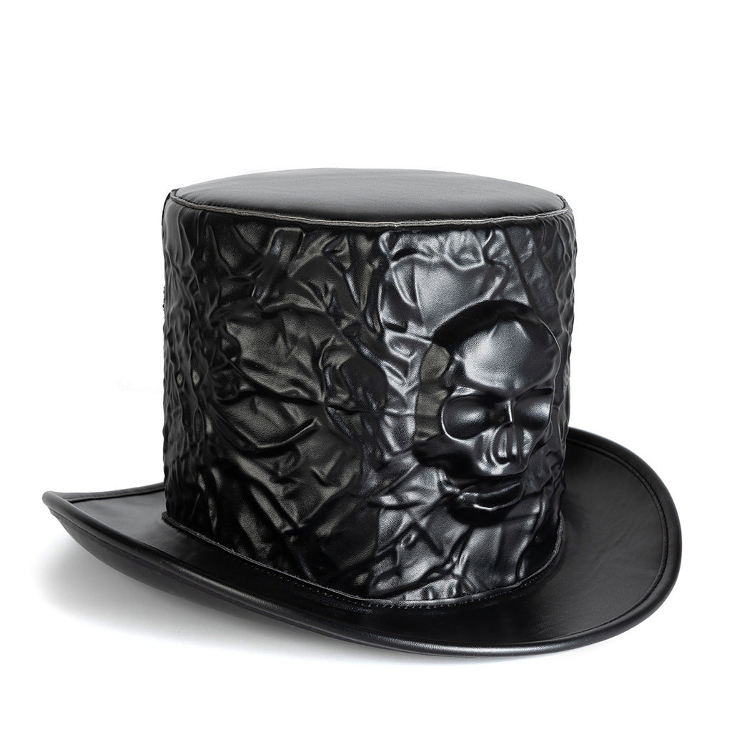 Unisex Gothic Skull PU Leather Top Hat - Black crown detail