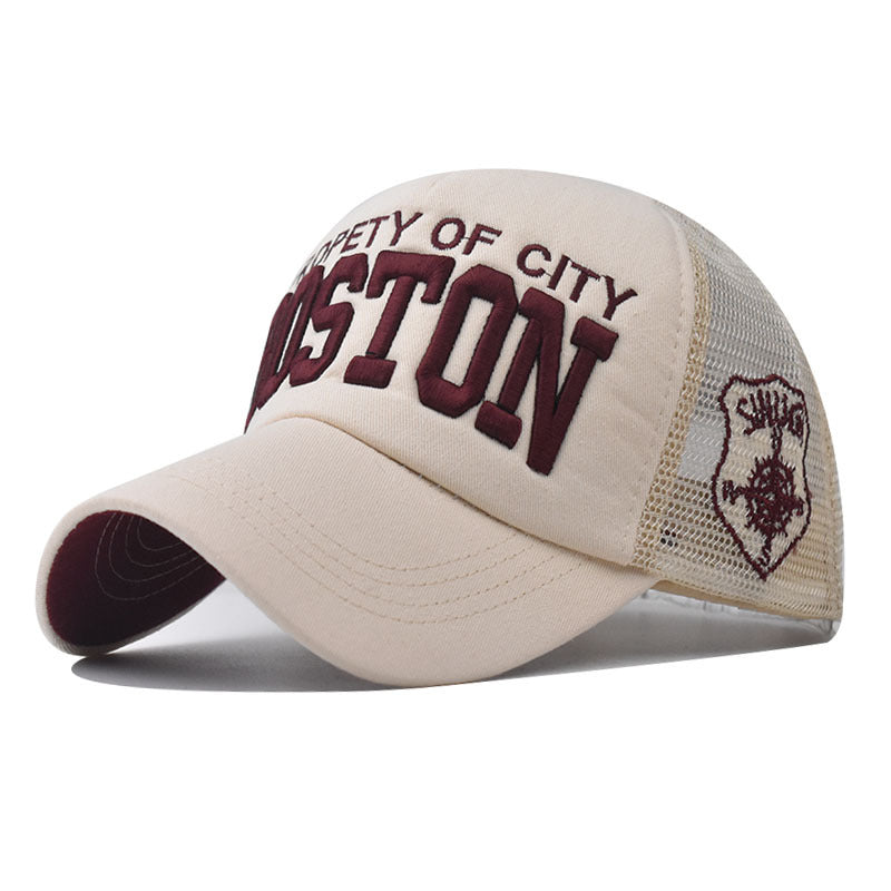 Beige Boston embroidered mesh cap with contrasting curved brim