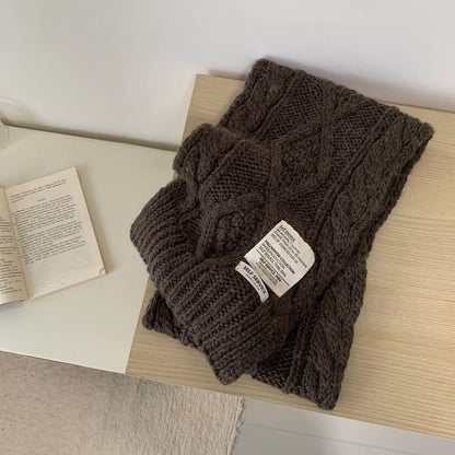 Unisex Chunky Cable Knit Scarf — coffee brown scarf with broad braided knit columns