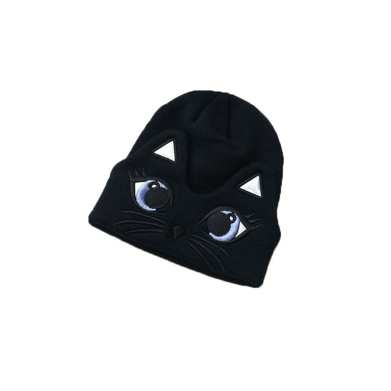 Women's Cute Embroidered Cat Knit Beanie — closer view of black beanie and triangular ear details