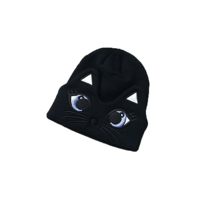 Women's Cute Embroidered Cat Knit Beanie — closer view of black beanie and triangular ear details