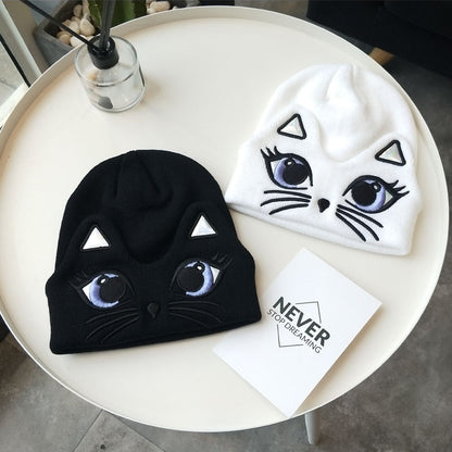 Women's Cute Embroidered Cat Knit Beanie — black and white cat face beanies displayed together